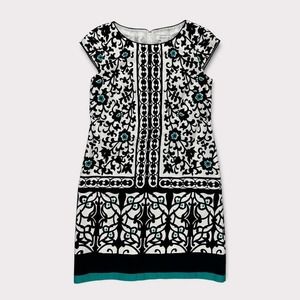 Liz Claiborne Dress Paisley Chandelier Shift Short Sleeved White Black Size 8